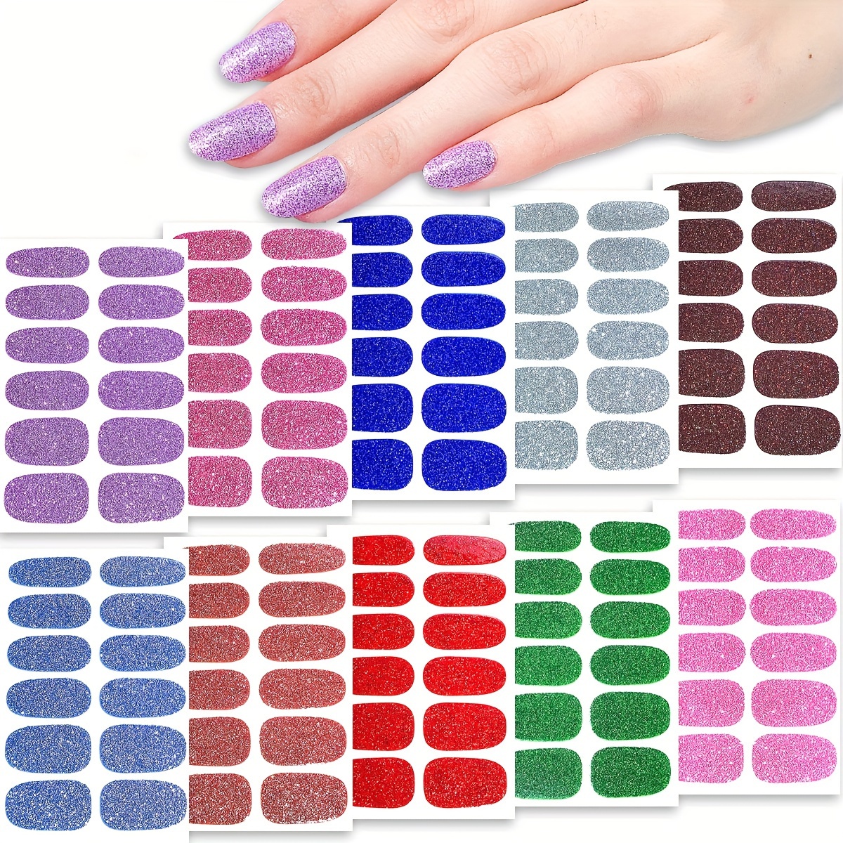 

10pcs Glitter Nail Stickers, Solid Color Shiny Nail Decals, Self-adhesive Full Nail Wraps, Plastic Rectangle Fantasy Themed Nail Art For Women And Girls - Glossy Finish, Single Use