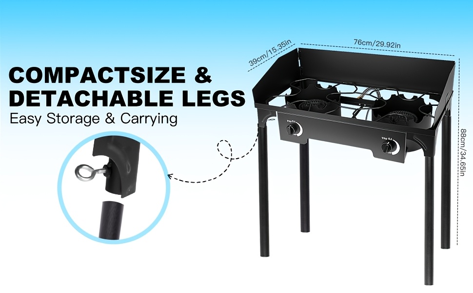 Cast Iron Outdoor Gas Stove | Portable Propane Cooktop with Blue Flame Control, Removable Legs, Temperature Control Knobs, Wind Panel, Hose, Regulator & Storage Carry Case