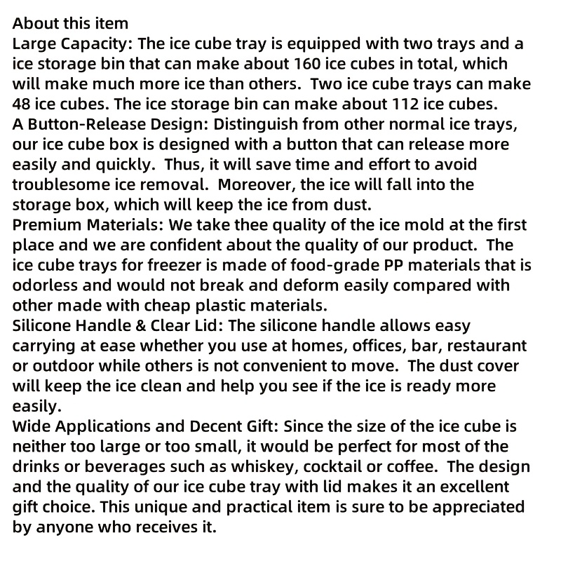 food grade large capacity   tray double layer 48 cube mold an effortless ice maker for producing large quantities of ice designed for use with a refrigerator made from safe lead free materials suitable for home and celebration use essential for christmas parties and new year   details 0