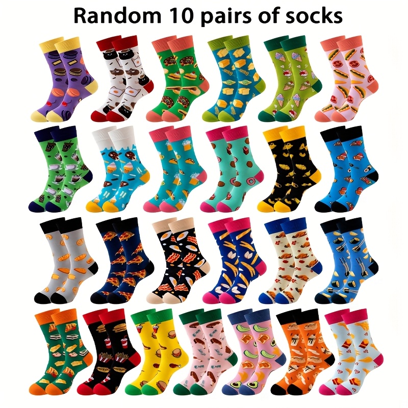 TEMU [new] Random 5/10 Pairs Women's Unisex Funny Food Socks For Men Women, Donut/pizza/fries Colorful Mid-calf Socks Gift Set, Suitable For Holiday