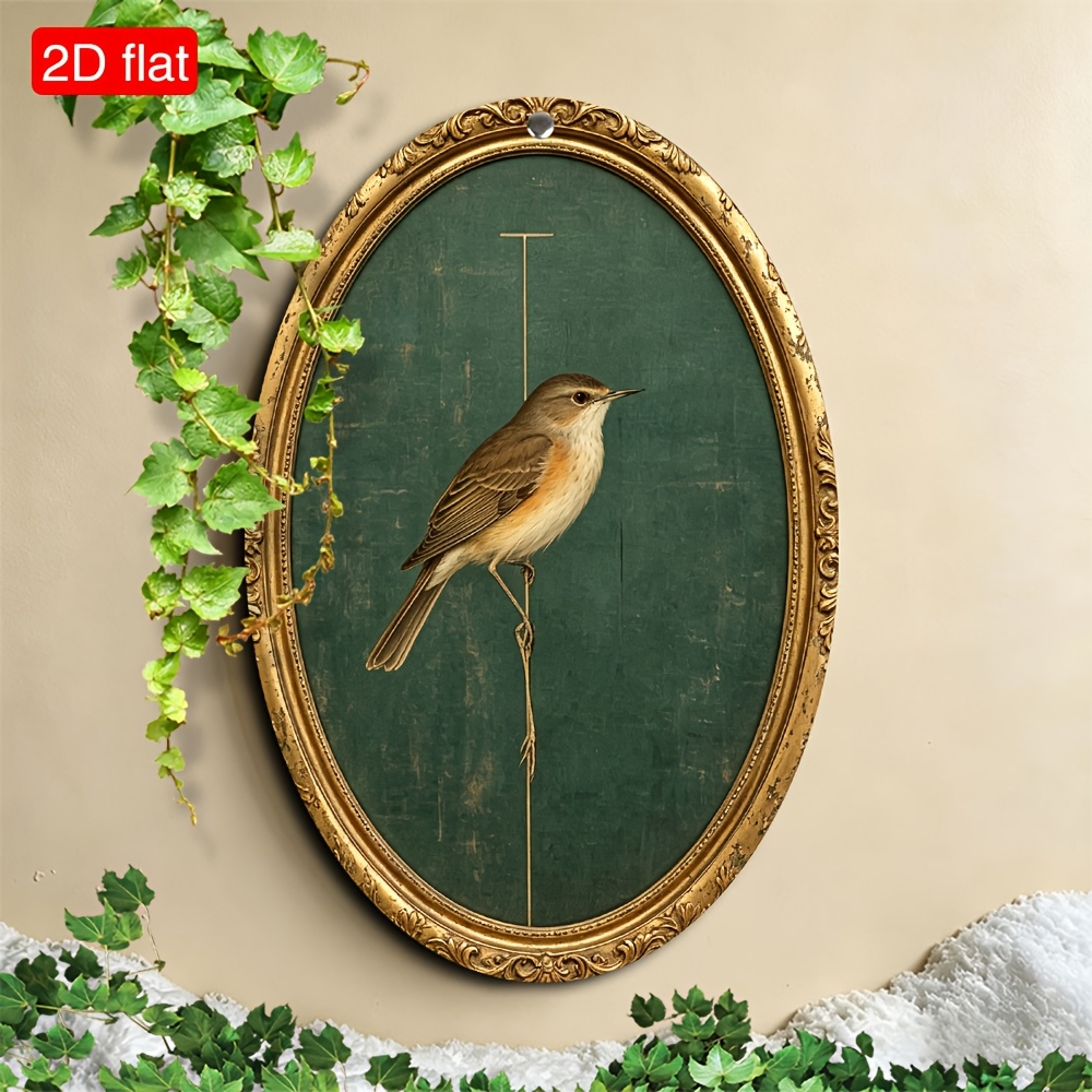 TEMU 2D piatta in legno con stampa 2D di un piccolo uccello appollaiato su uno sfondo verde con in legno . Questa decorazione da parete classica in