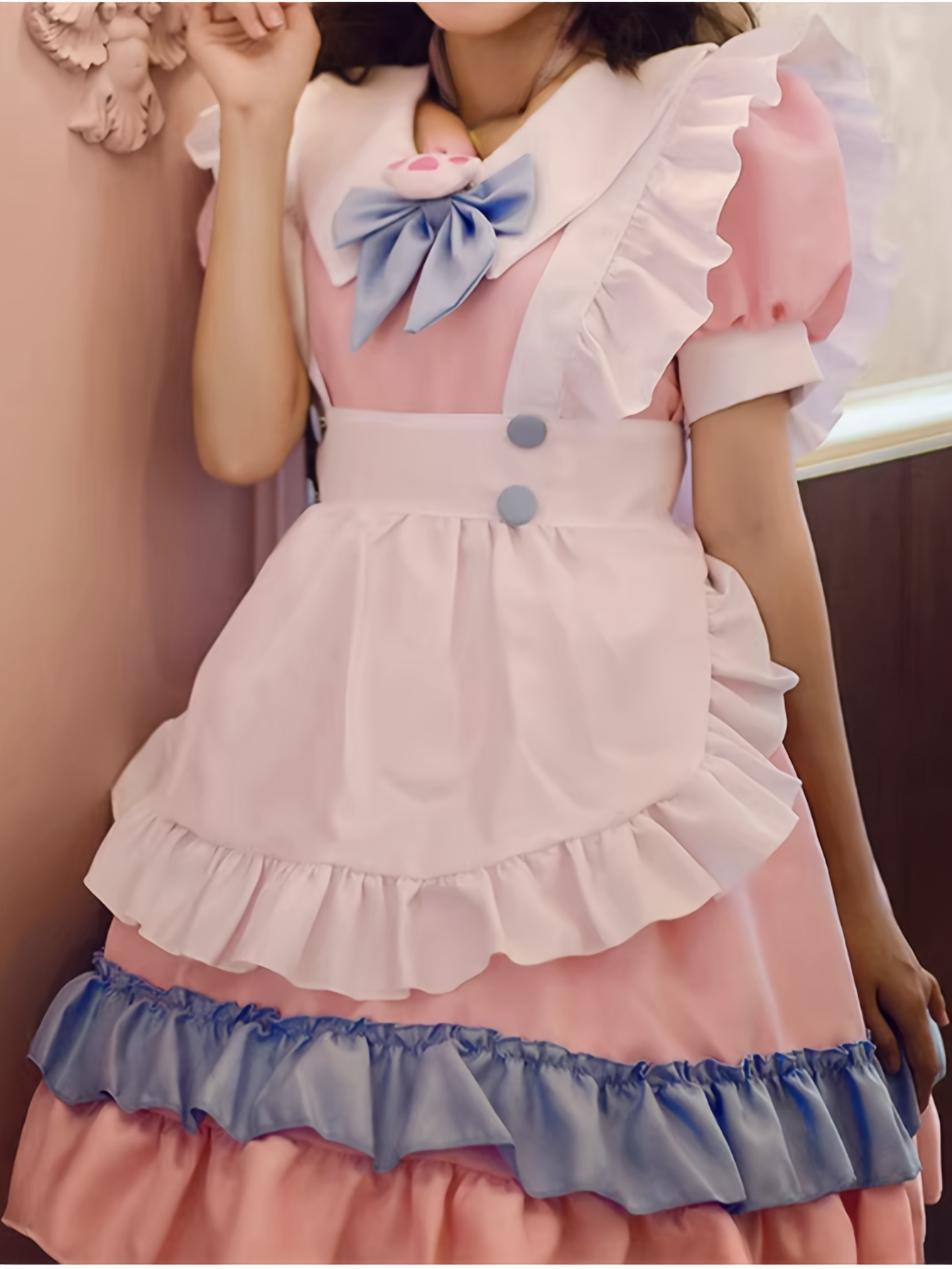 Cute Maid Costume Dress Sweetheart Cosplay Outfit with Skirt, Pink  Blue Accents, Bow Detail, Machine Washable Polyester for Halloween, Par - Main Image