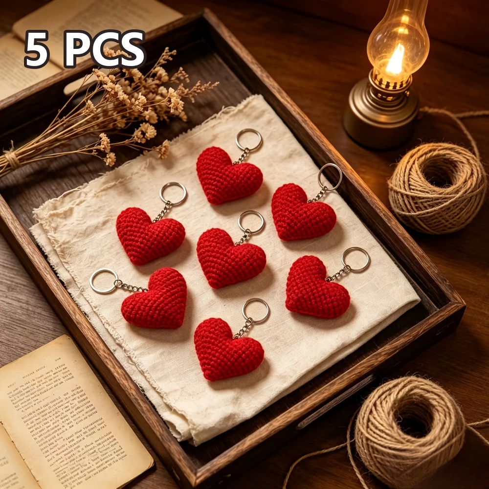 TEMU Christmas Gift,5pcs Hand-crocheted Vintage Red Heart Keychains, 3d Embossed Heart Flowers, Full And , Vintage Artistic Style, Soft Knitted Heart