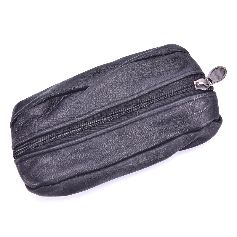 

Unisex Black Leather Mini Zipper Coin Purse, Casual Solid Color Pouch, Non-braided Single Piece Wallet