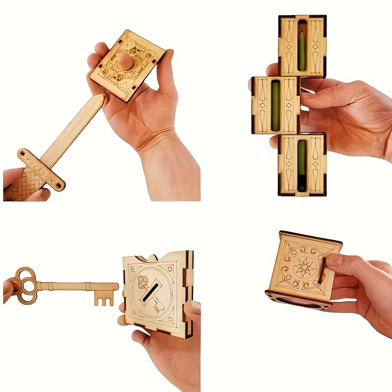TEMU 4pcs 3d Wooden Set: With Sword Trick, Stage Performances, Coin & Key | Wood Art Illusion Puzzles | Unique Christmas & Holiday Gifts For Adults
