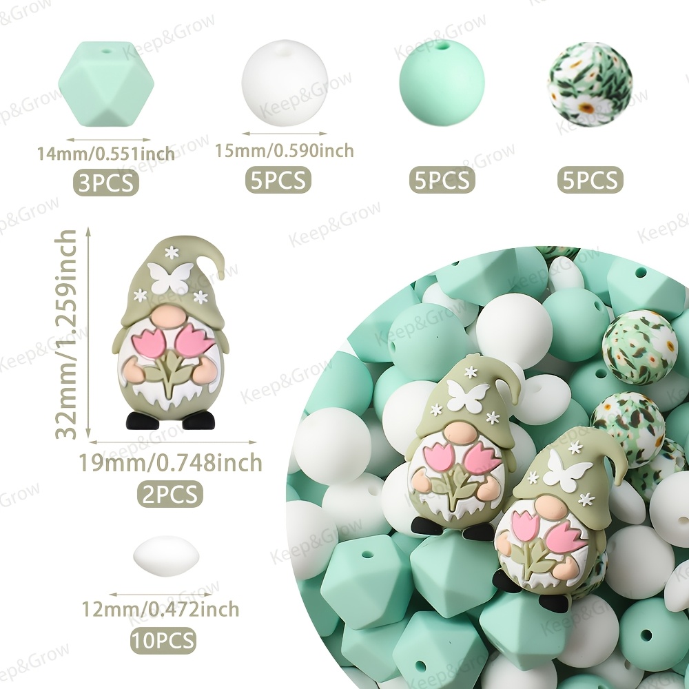 TEMU 30pcs 3d Green Gnome Silicone Beads Set Spring Themed Lilies Beads Pen Beaded Jewelry Making Handmade Decorations Crafts Additions Beads & Bead
