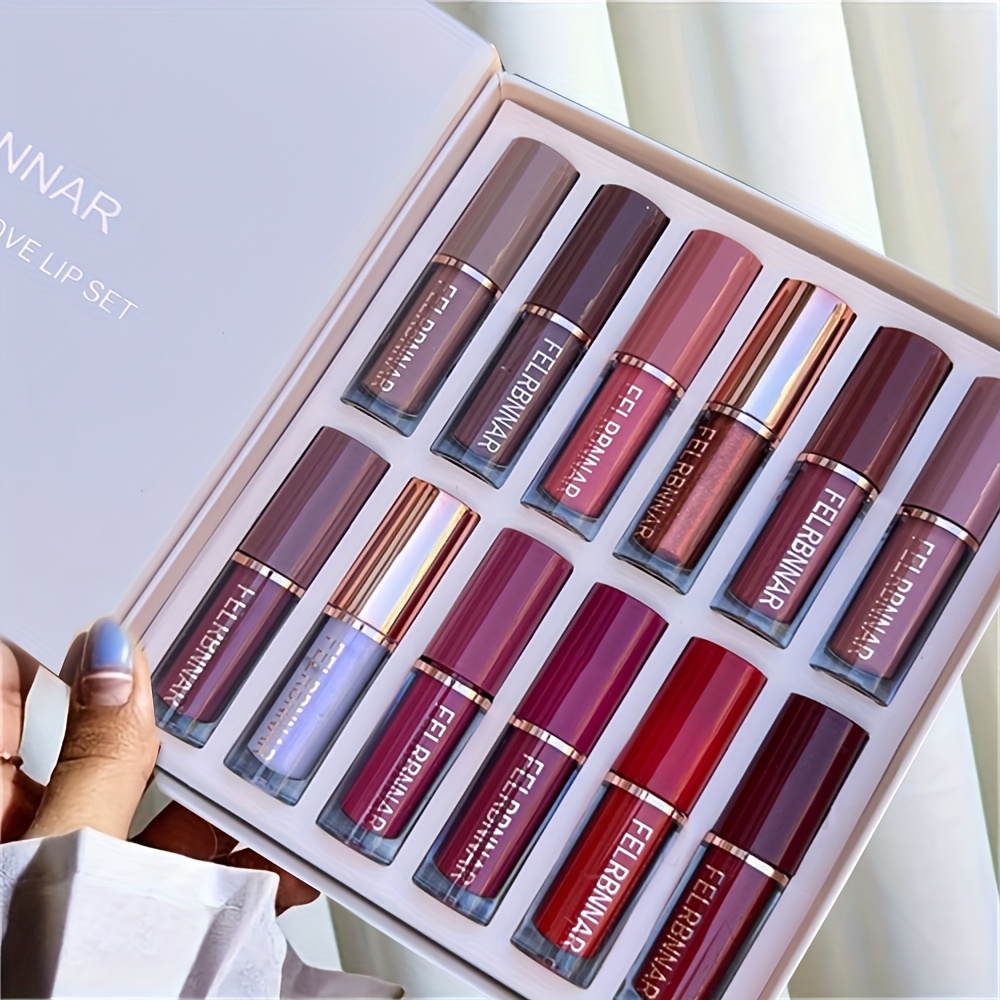 12pcs Velvet Matte Liquid Lipstick Set, Waterproof Long Lasting Quick-drying Non-Stick Cup Nude Lip Stain Kit, Up to 24H Wear, Lip Makeup Gift Kit for Women