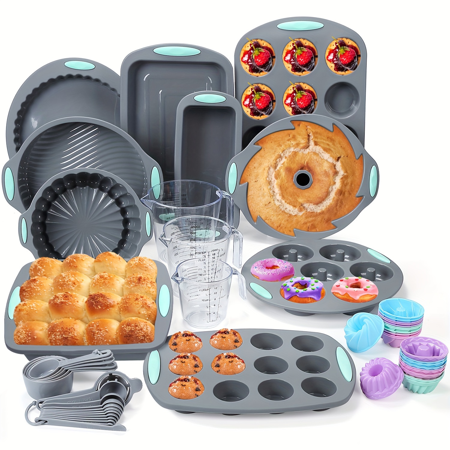 

54/45 Pieces Silicone Bakeware Set, Heat Resistant Silicone Baking Pans, Nonstick Silicone Baking Molds For Cake, Bread And Cupcake, With Measuring Cups And Spoons Set