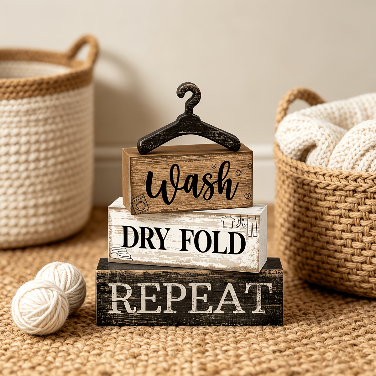 TEMU 4pcs Stacked Laundry Slogan Wooden Mini Hanger Shaped Party Table Centerpiece/laundry English Print/clothing Icon Pattern/suitable For Laundry