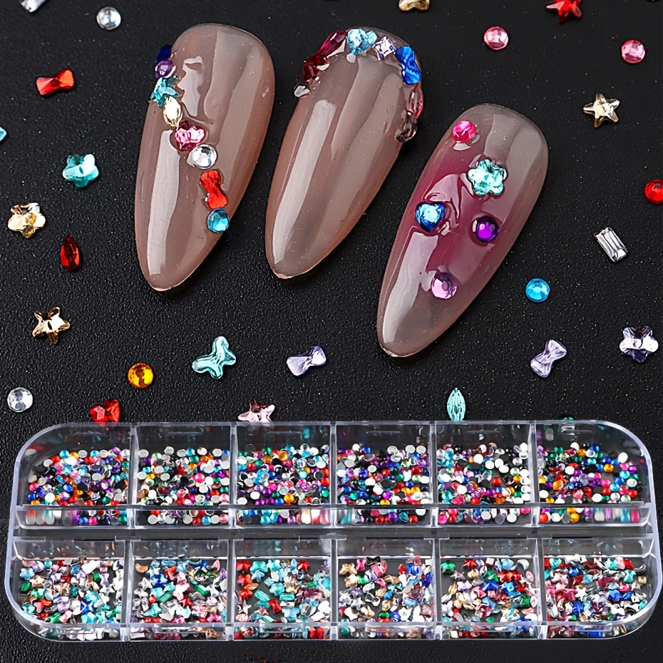 TEMU Pietre per nail art con strass a retro piatto a 12 scomparti - Colori e assortiti (, stella, cuore, , ) adatte per unghie, decorazioni fai da te