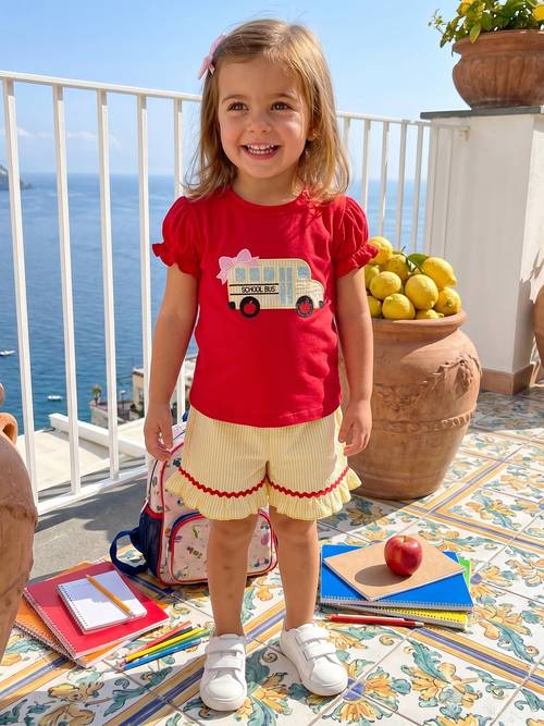toddler girls back to school outfits adorable bow bus embroidery short sleeve round neck tops and striped shorts set outdoor