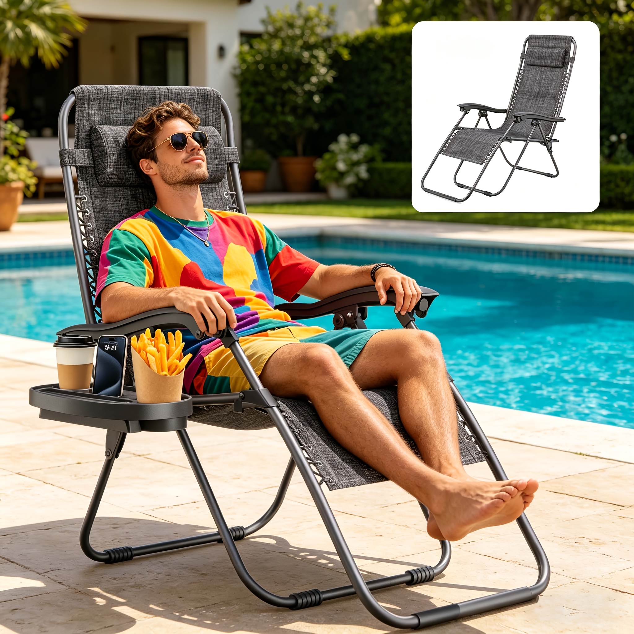 0 Gravity Lounger, Foldable, Loadable Up To 150kg, Breathable Fabric, Adjustable Backrest, Ergonomic, For Garden, Balcony And Pool, With Armrests And Cup Holder, Gray/charcoal Gray, 1 Pack