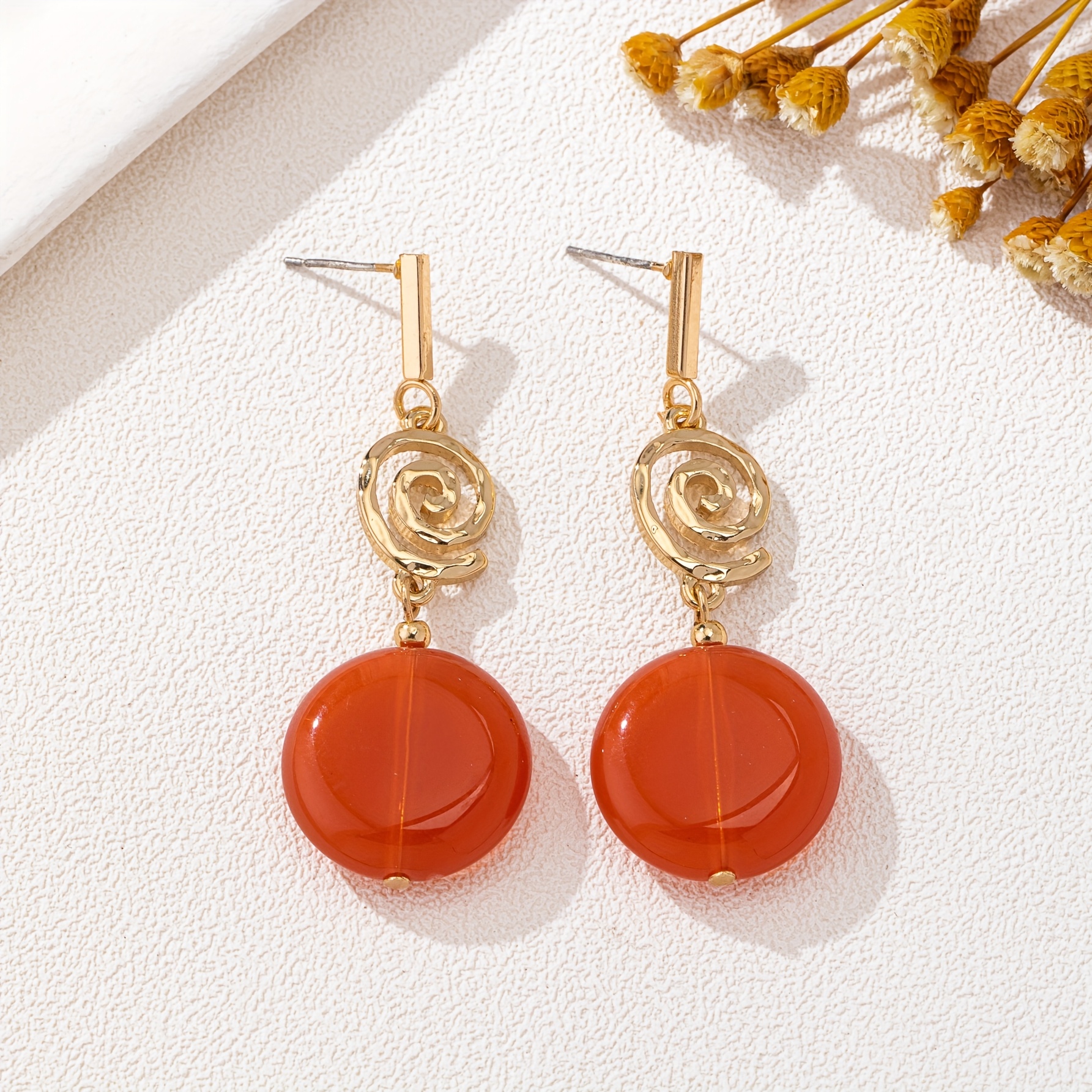 2pcs Elegant Women's Earrings, Spiral Shaped Alloy Hanging Warm Orange Resin Pendant, Versatile Earrings For Banquets, Parties, Holidays, Vacations, And Daily Wear