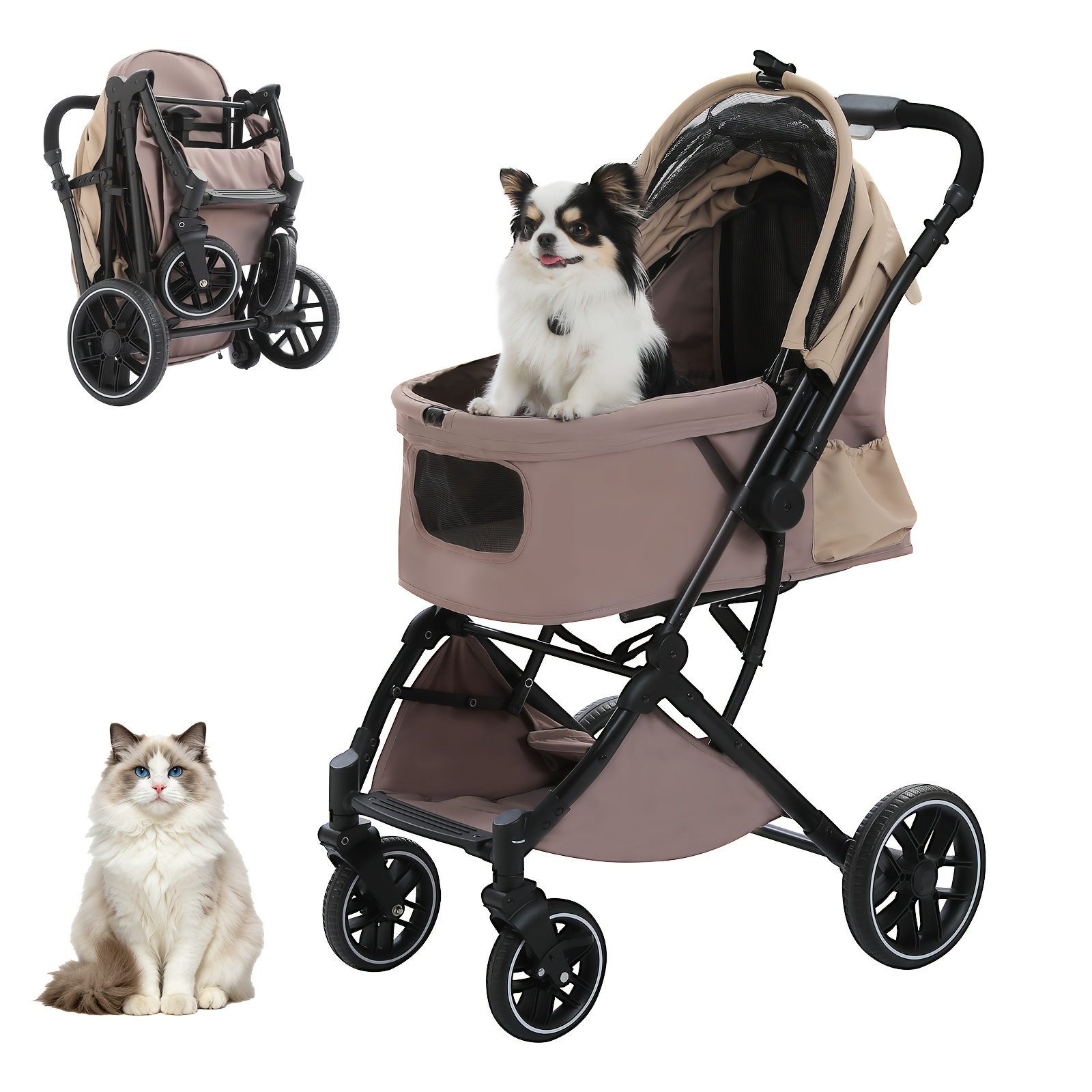 Image of Road Foldable Pet Stroller For Small Medium Dogs And Cats, 4-wheel Pram With Breathable Mesh, 180 Degree Canopy, Folding, Storage Basket, Cup Holder, Safety Leashes, Up To 30kg, Grey/beige/black
