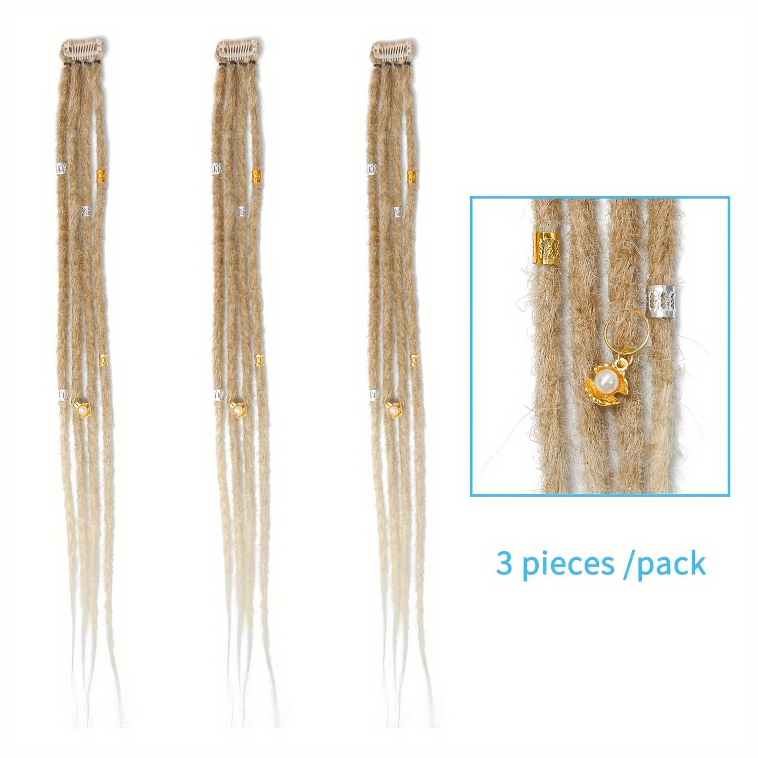 E-shop 3er-Set/Pack 20 Zoll Clip-In Dreadlocks Extensions für Frauen & Mädchen – Clip-In Dreads mit Haarperlen – 12 Stränge Synthetische Dreadlocks –