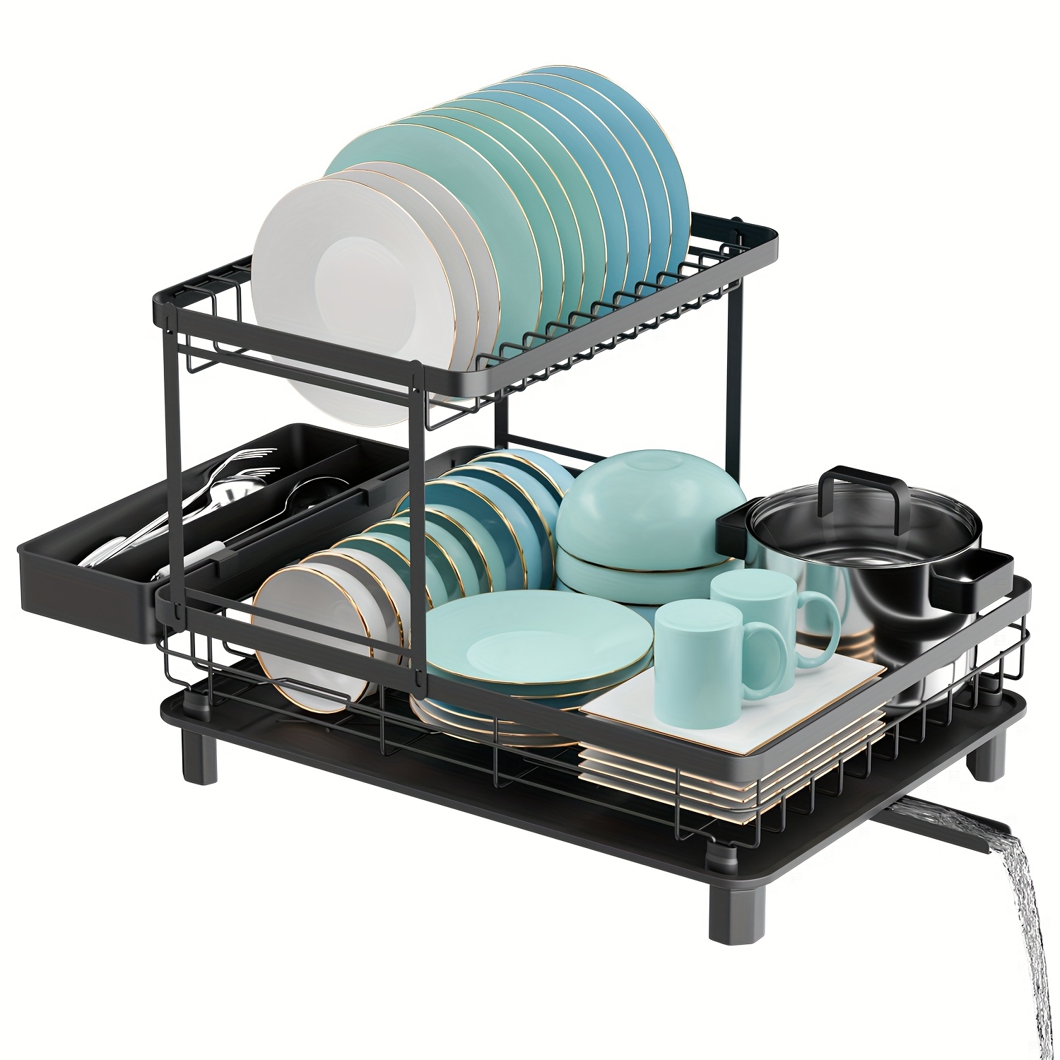 TEMU Dish Drainers, Dish Drainer Dish Rack, Dish Drainer Rack, 2 Tier Dish Drainer With Drip Tray, Multifunctional Dish Rack With Utensil Holder,