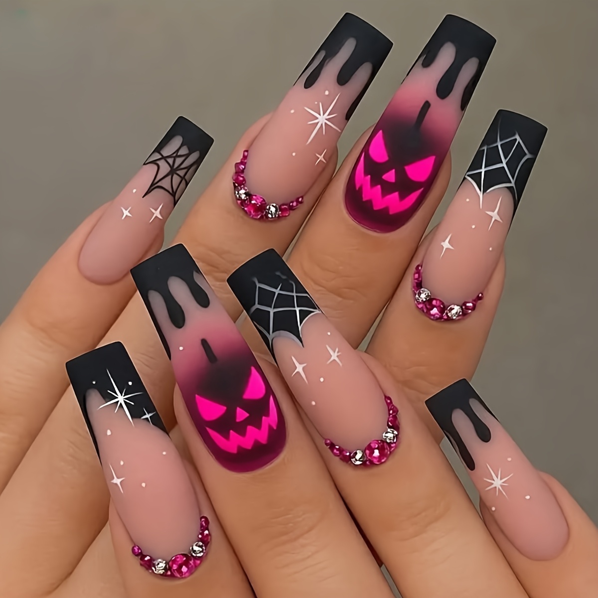 TEMU 24pcs Faux Ongles de Noël Carrés Longs Européens, Bord Français Toile d'Araignée Noire, Design Ombre Dégradé Orange Rose Fluorescent, Or Pièce