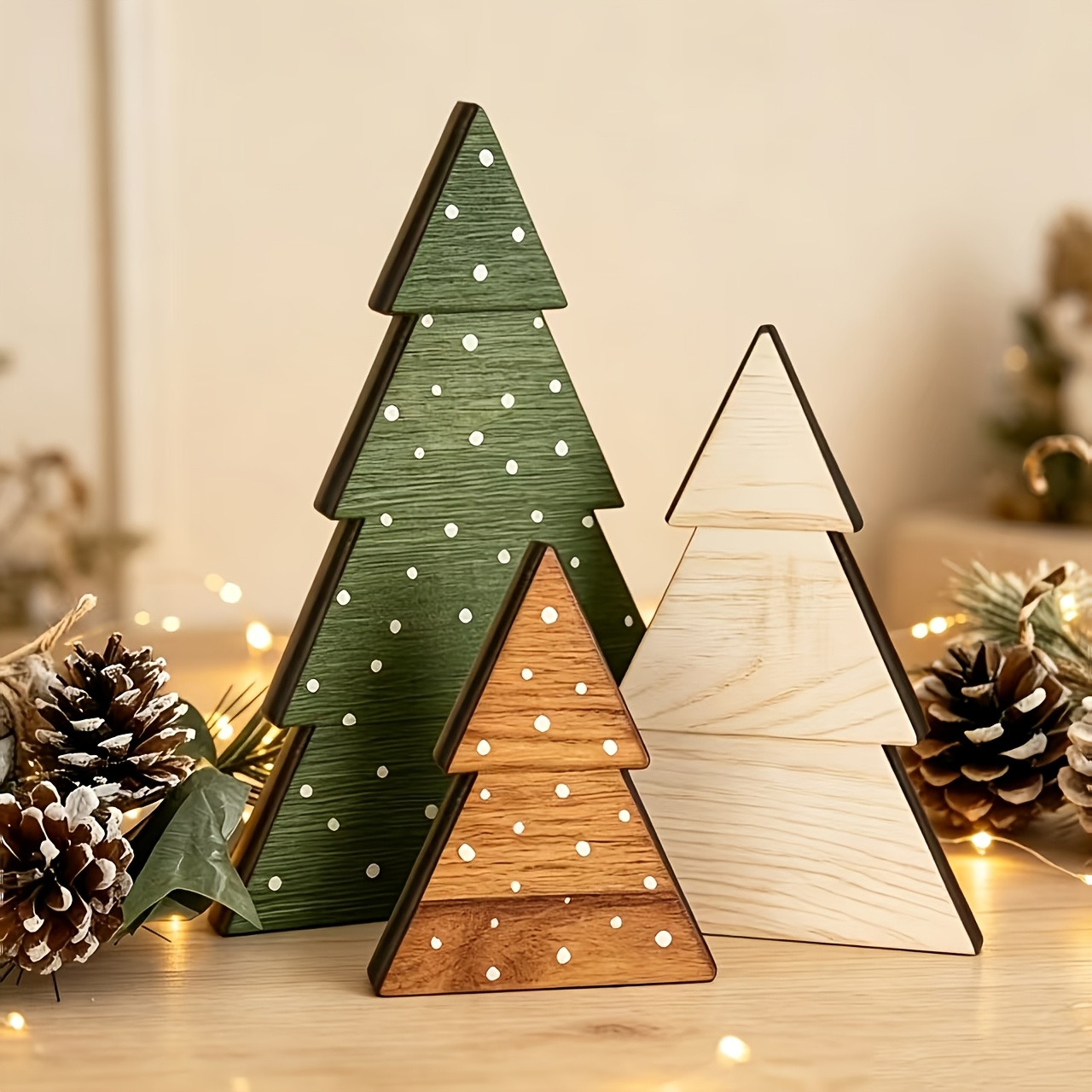 TEMU Plat 2D, Ensemble de 3 pièces d'ornements de sapin de Noël en bois plats 2D - Centre de table de fête de de neige - Décoration de pour tables à