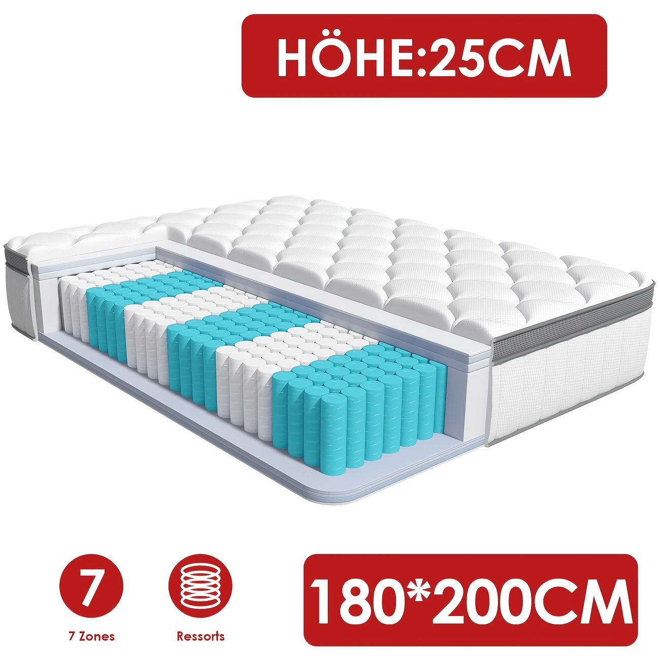 Image of | Gronfont Mattress 180x200 Cm, Height 25cm, Premium Mattress, Ergonomic 7-zone Mattress, Spring Mattress With Fitted Sheet, Hardness H3, Mattress For Adults