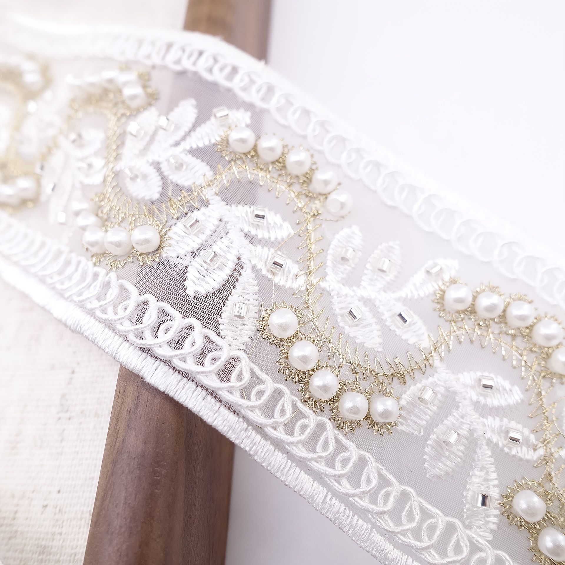 TEMU Dentelle Ajourée Blanche de 5,3 cm avec , Perles et Broderie de Perles - pour Décoration d'Intérieur - Convient pour la Couture, les Vêtements,