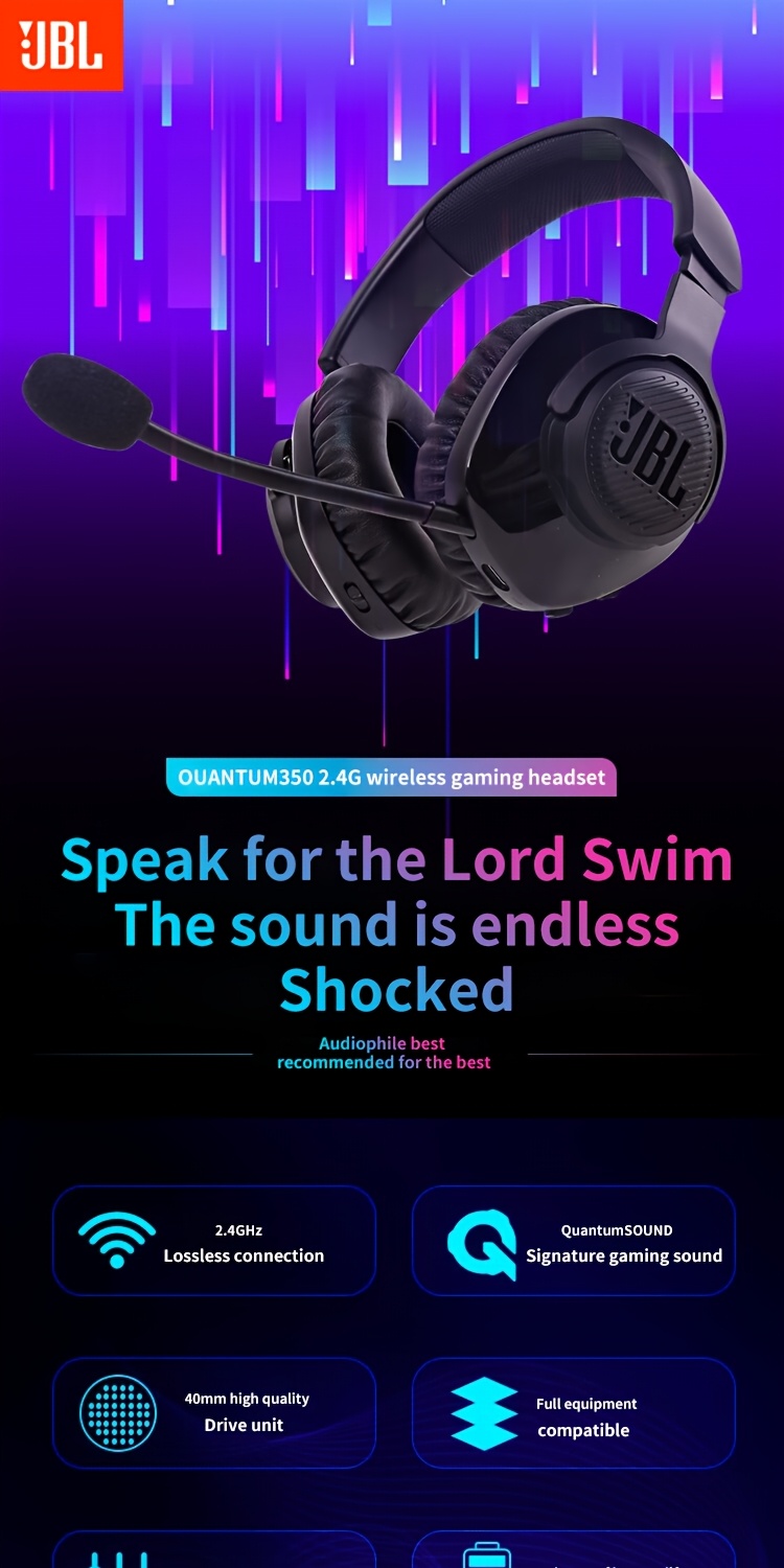 JBL QUANTUM350 Quantum Storm Wireless Gaming Headset, Esports Over-Ear Gaming Headphones, Lossless 2.4G Connection, Comfortable Ear Cushions, Detachable Microphone, Up to 22 Hours of Battery Life, Clear Conversation Microphone