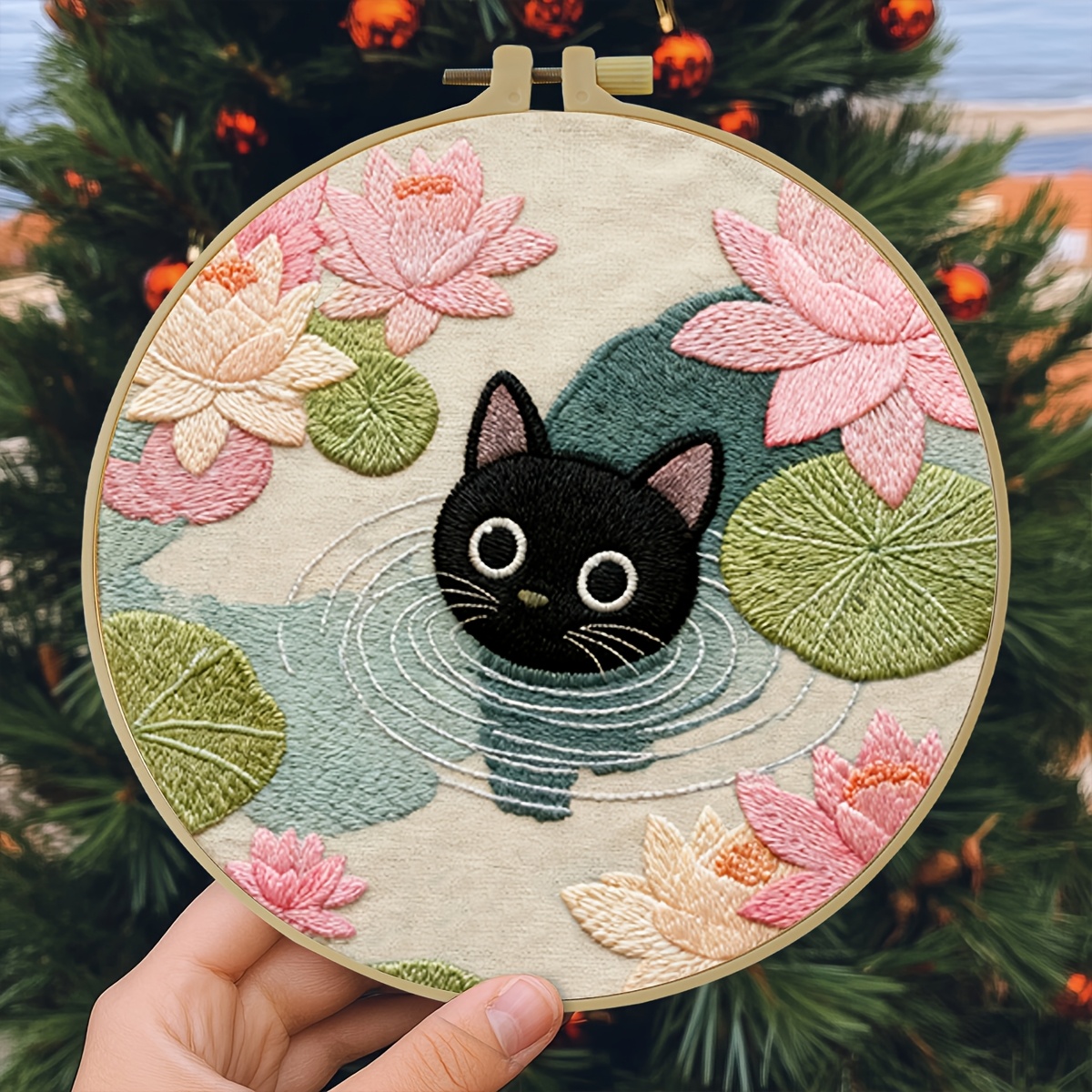 TEMU Adult Beginner Embroidery Kit, 15x15cm/5.9x5.9 Inches, 20x20cm/7.9x7.9 Inches, Featuring A Swimming Black Cat Pattern, Handmade Diy Embroidery