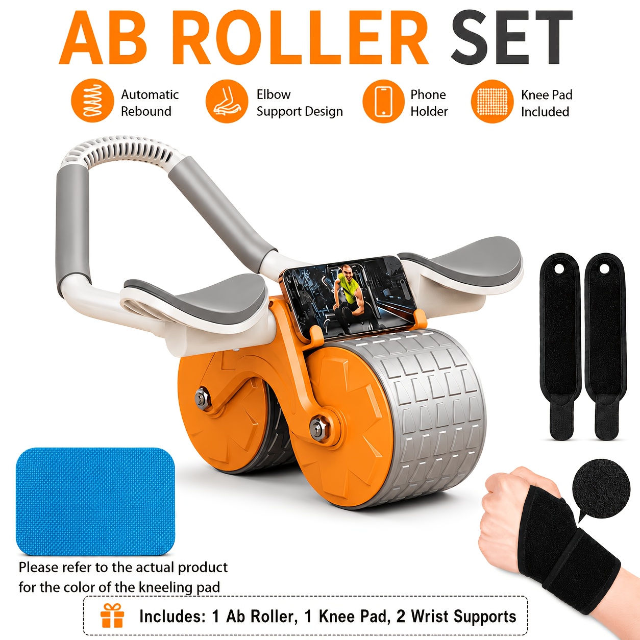 automatic rebound ab roller   system with silent anti pulley phone holder elbow wrist support knee pads suitable for home gym workouts for men fitness equipment set phone holder compatible for smartphones