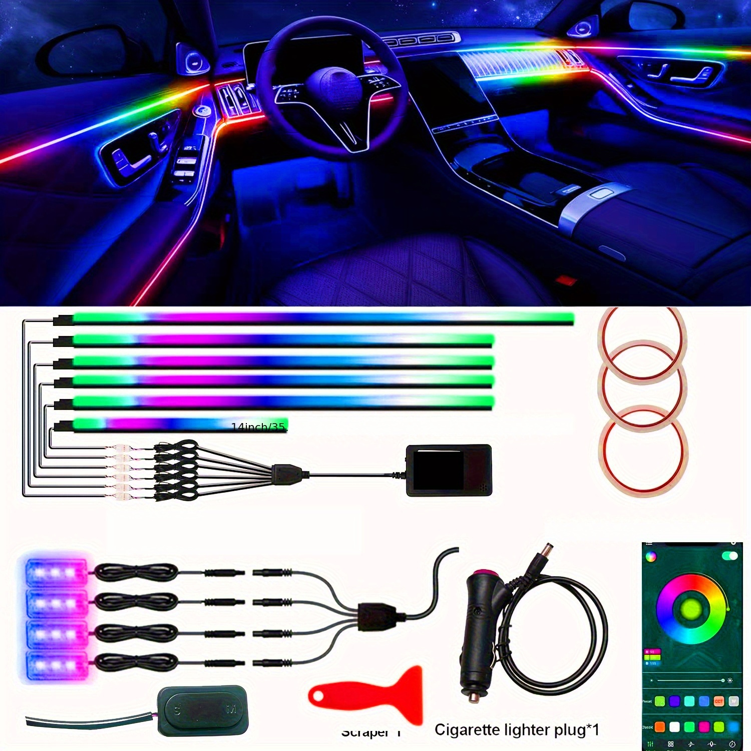 TEMU Car Led Strip With Wireless App Function, Including 10 Color , 175-inch Ambient Lighting Kit, Cool Car Interior Lighting Strip. Suitable For