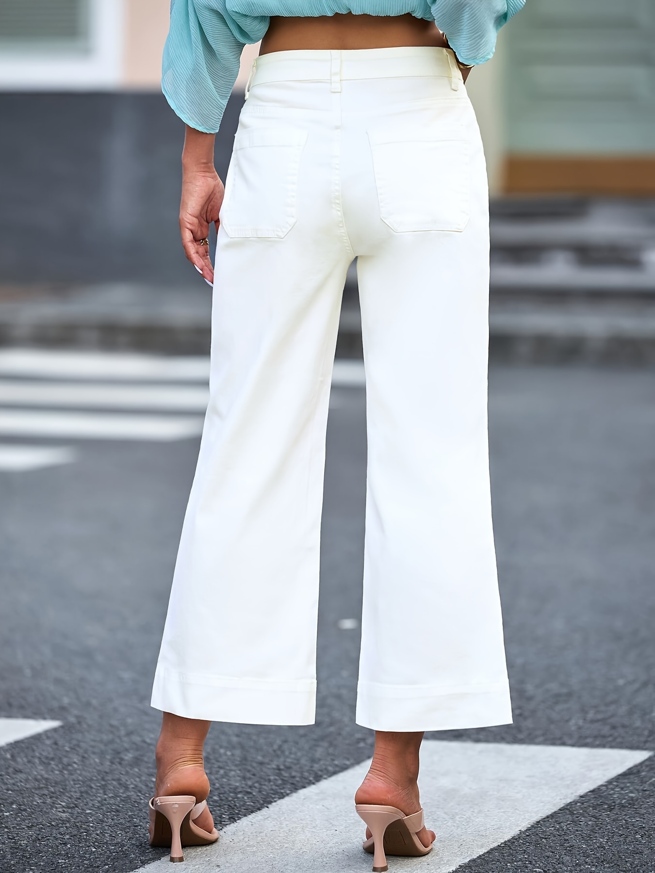 womens plain white wide leg cropped jeans casual high waist Temu
