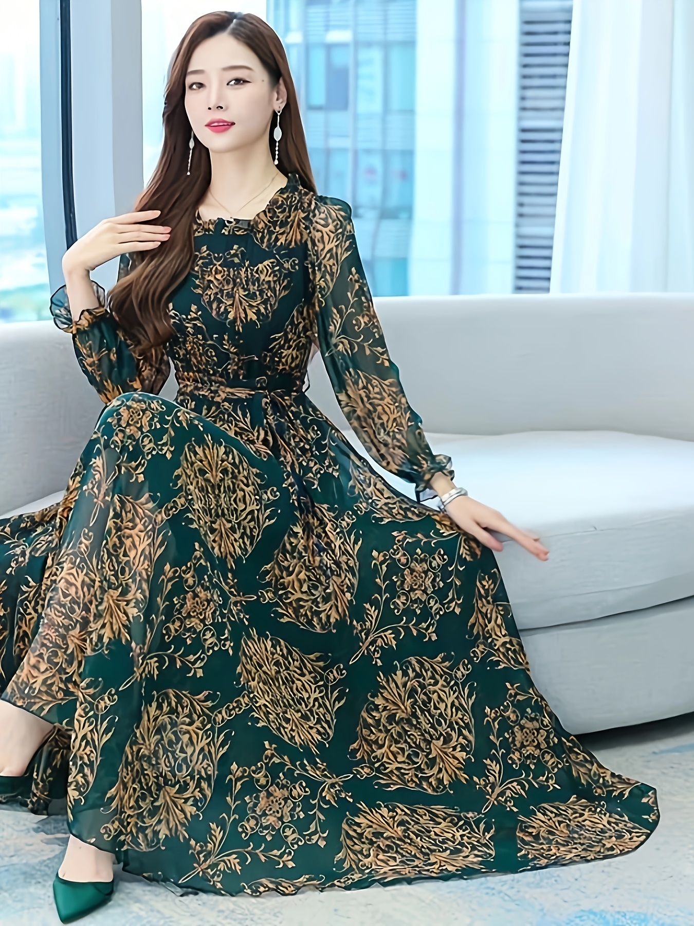 Women's Korean \u0026 * Emerald Green Floral * Neck Dress with Elastic Waist \u0026 *  Hem - A-Line Sleeve Semi-Sheer Chiffon Maxi Dress for Parties womens korean emerald green floral print - Temu Germany