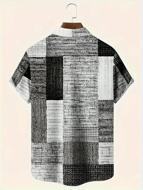 mens vintage geometric pattern short sleeve button up casual shirt with top for outdoor activities holiday as gifts