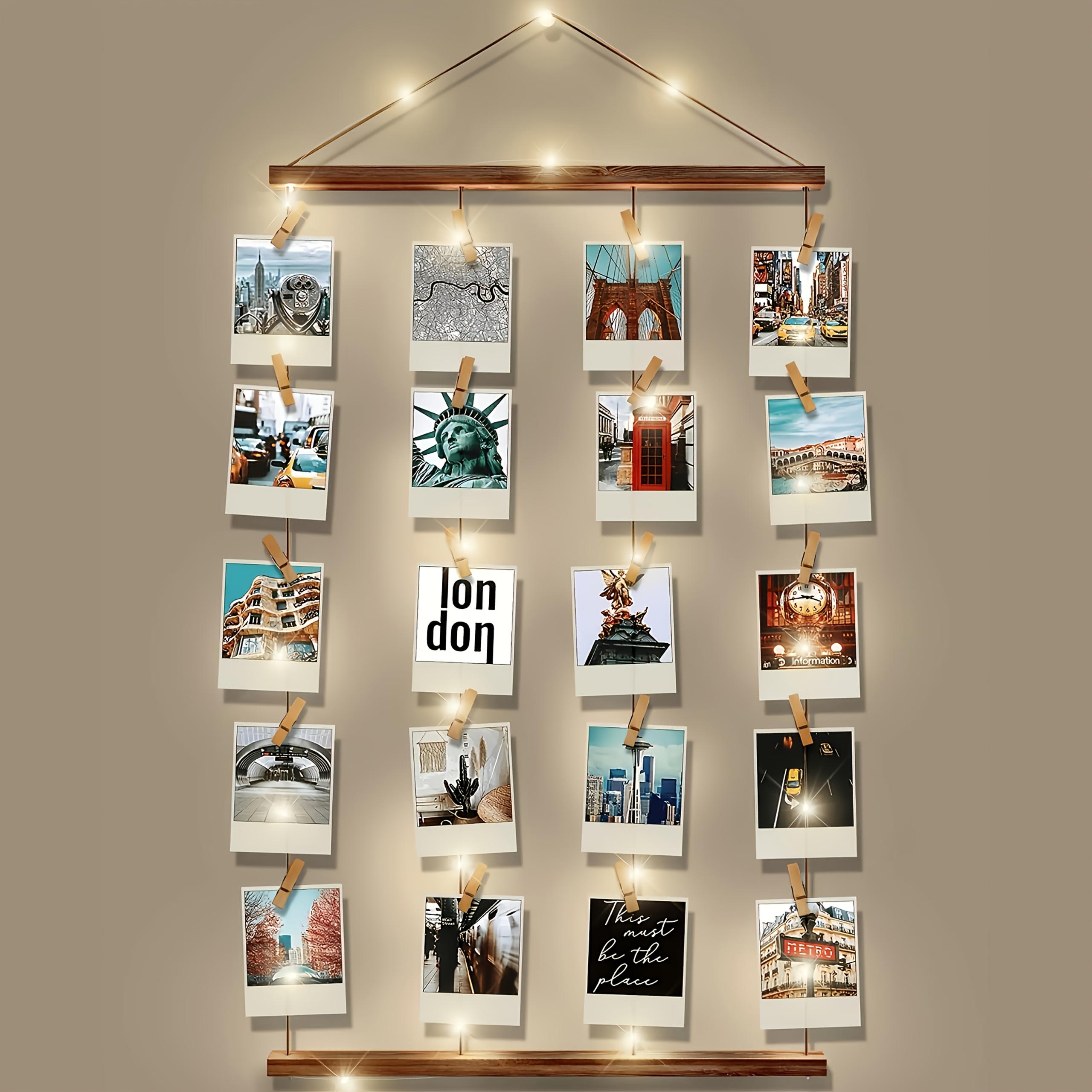 26pcs Art Frame Wooden Photo Collage Wall, With 20pcs Clips And Hanging Line, For Displaying Multiple Polaroid Artworks, Random (light Strip And Photos Not Included)