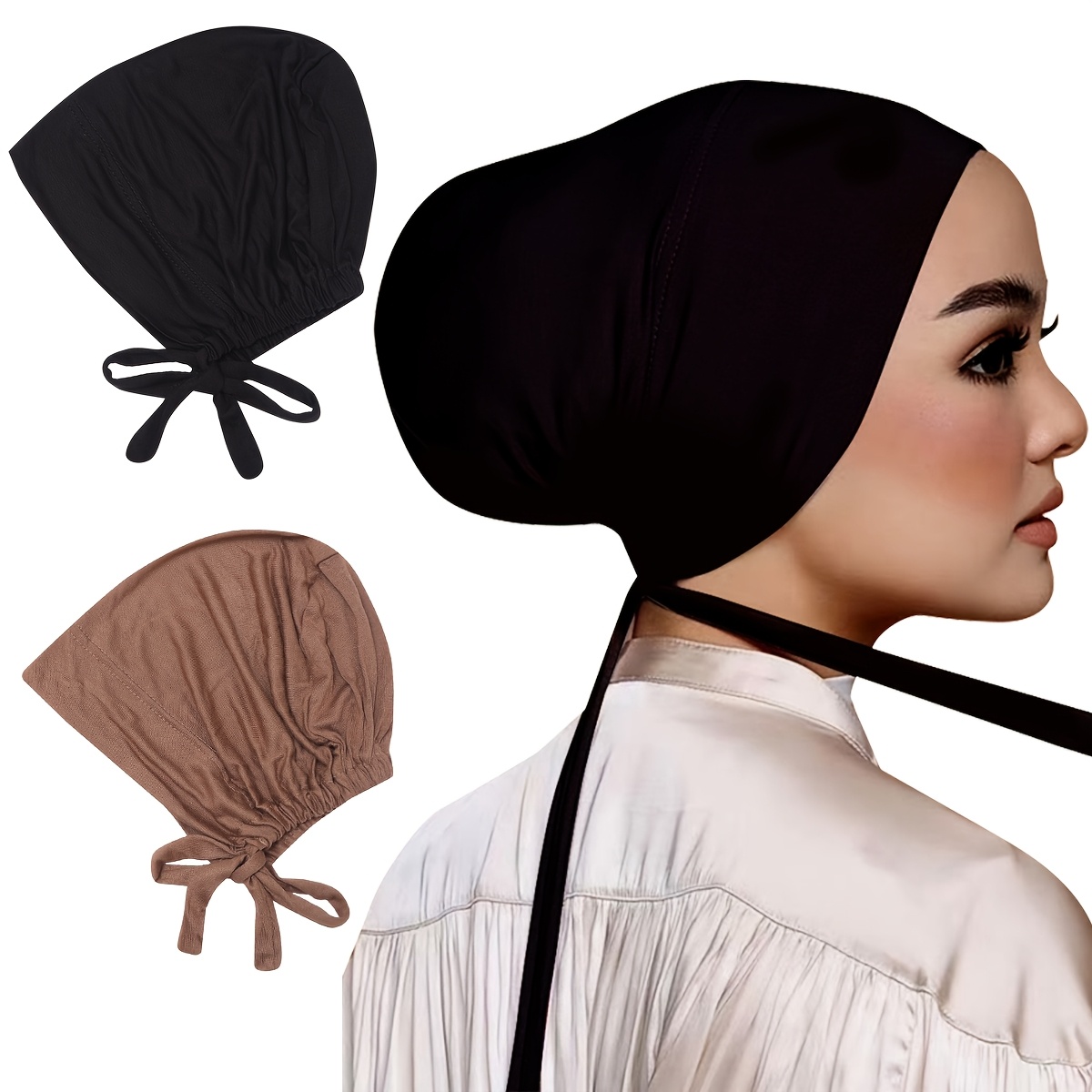 TEMU Modell Undercap Small Hat High Quality Elastic Band Adjustable Can Hide Hair Undercap Headscarf Hat Combination 2 Piece Set