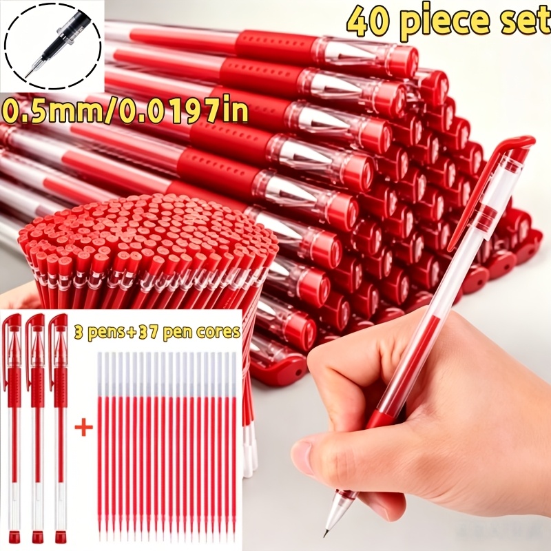 TEMU Paquete de 40 bolígrafos de gel rojos (3 bolígrafos + 37 recambios), punta de 0.5 mm, agarre , estilo minimalista, ideal para , exámenes de ,