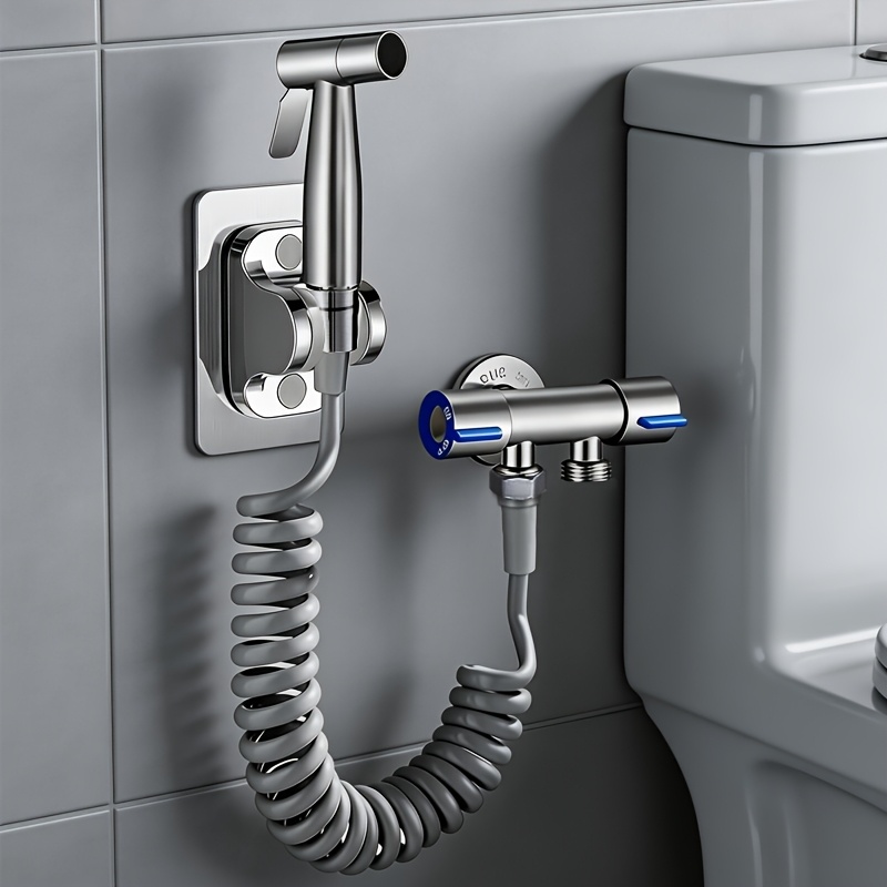 TEMU 1 Set Of Stainless Steel Handheld Bidet Sprayer Kit, Bathroom High-pressure One-in-two-out Toilet Companion Angle Valve With Sprayer, Suitable