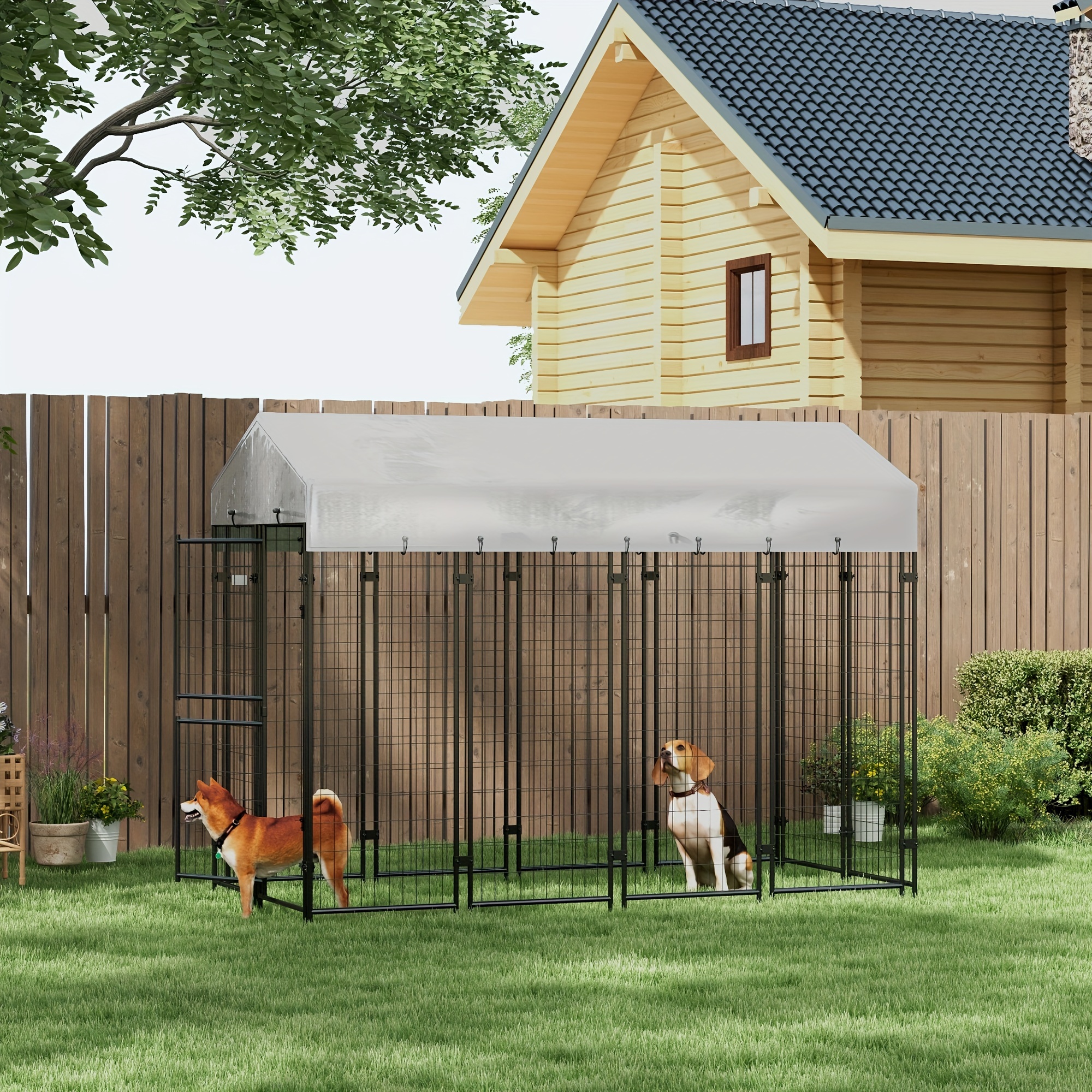 

Pawhut 7.8' X 6' Dog Kennel Outdoor With Waterproof Cover, Dog Playpen For Extra Large Dogs With 2 Part Door Design, Silver