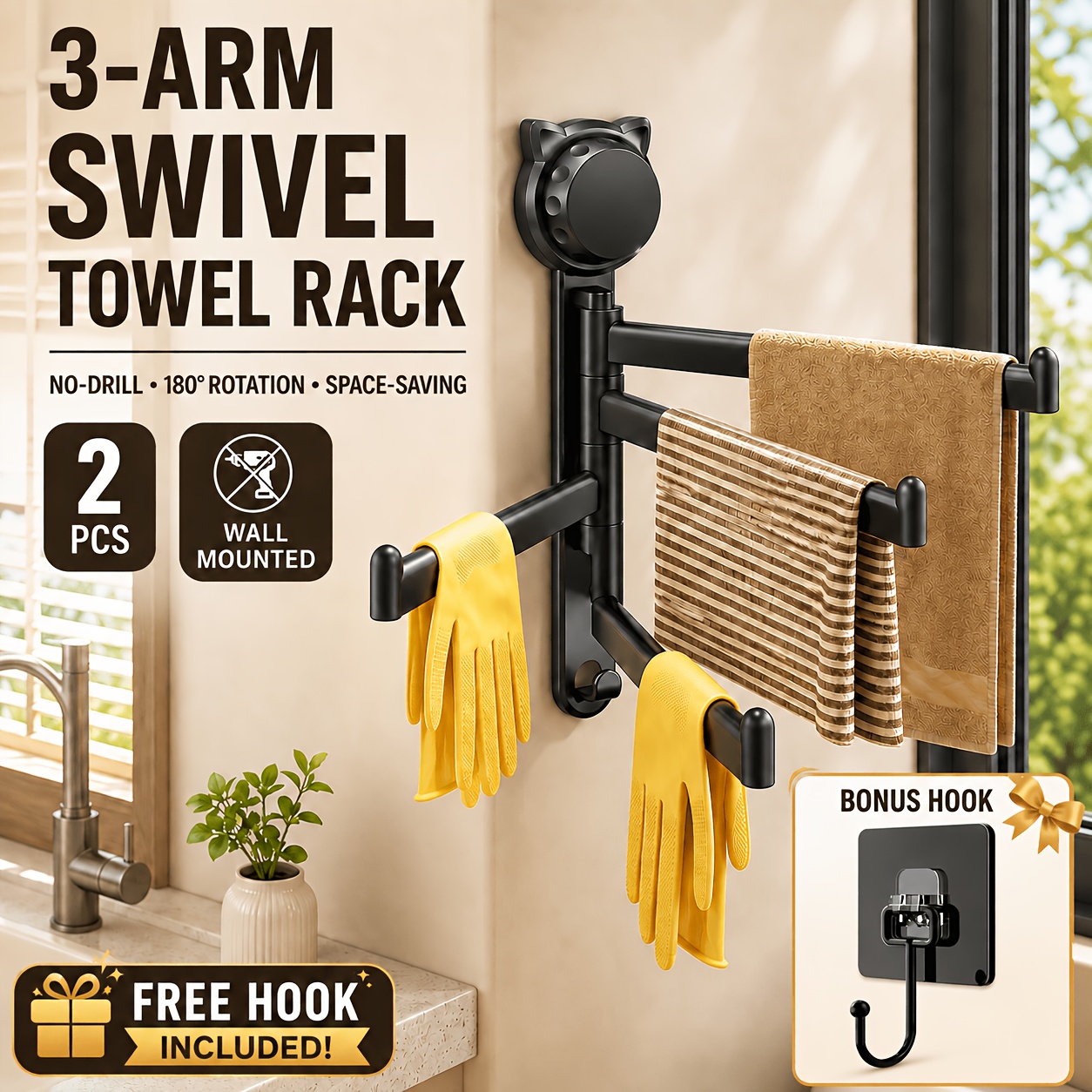 TEMU Ensemble de 2 pièces (Porte-serviettes rotatif et crochets) Porte-serviettes rotatif à 3 bras perçage, pliable à 180°, égouttoir à vaisselle