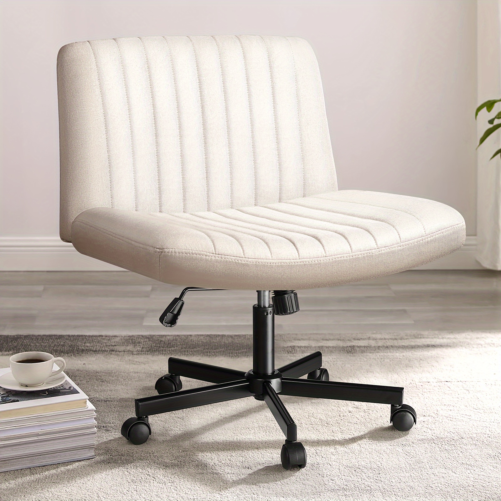 

Chair With Wheels, Fabric Padded Armless Legged Office Desk Chair For Home Office, Modern Swivel Height Adjustable Wide Seat Computer Task Vanity Chair