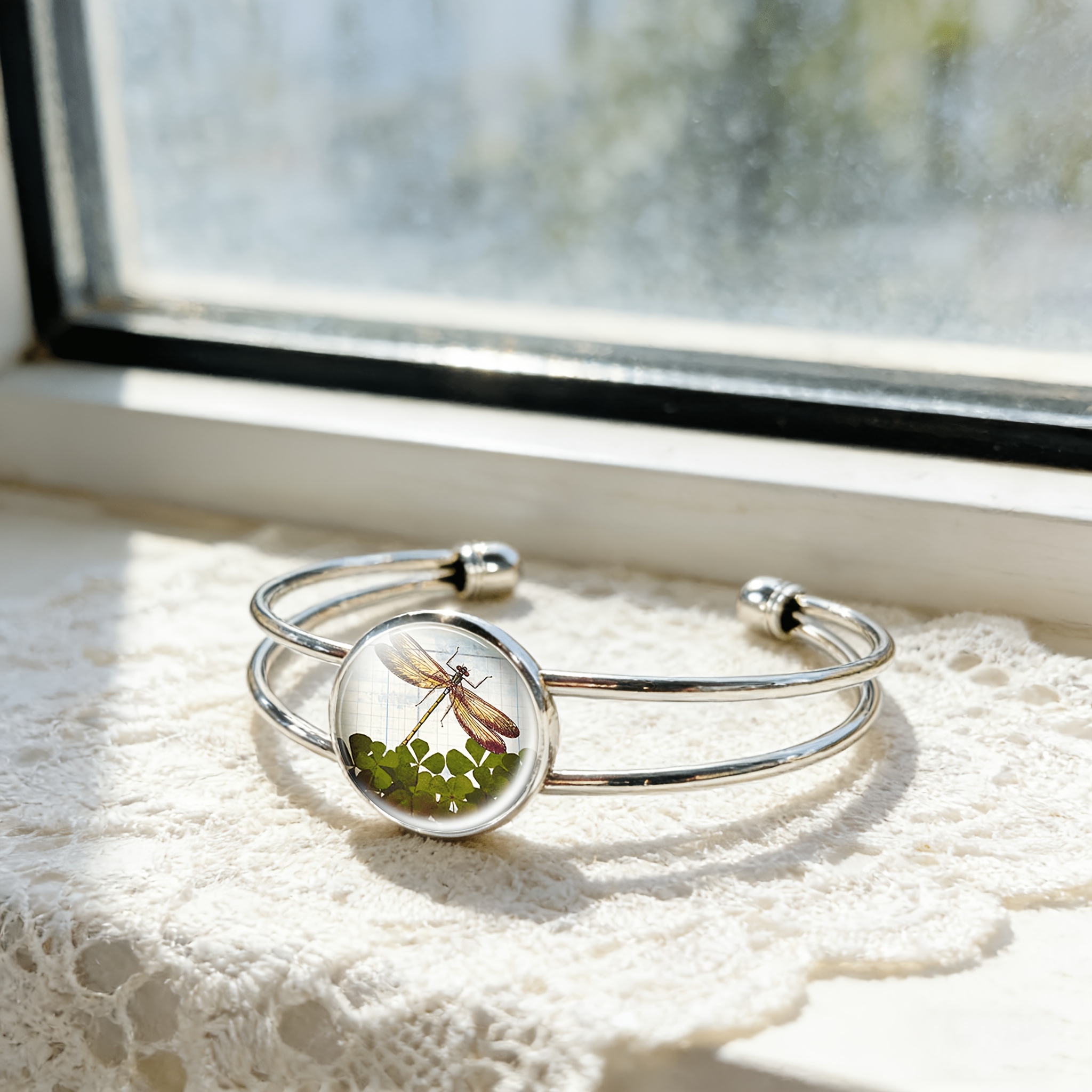 Adjustable Open Bangle with Round Time Gemstone Inlay, Classic Design