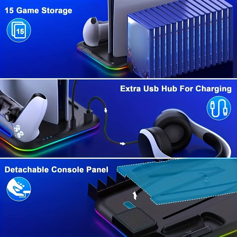 PS5 & PS5 Slim Cooling Stand with RGB LED, Controller Charger, Handle Dock, Disc Storage Slot & Earphone Hook - Durable ABS Material