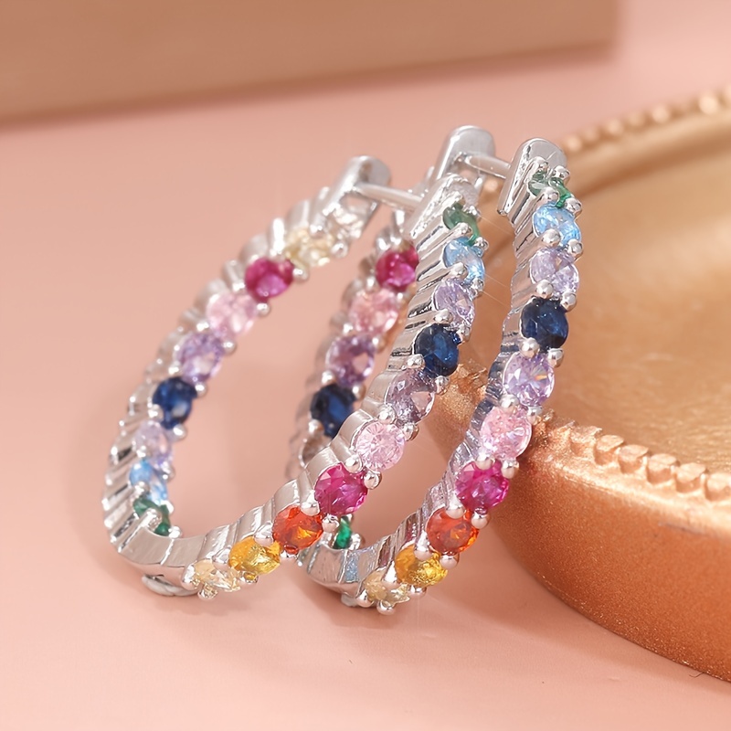 Image of A Pair Of Simple And Stylish Hoop Earrings Set With Colorful Synthetic Zirconia, Women' Leisure Parties