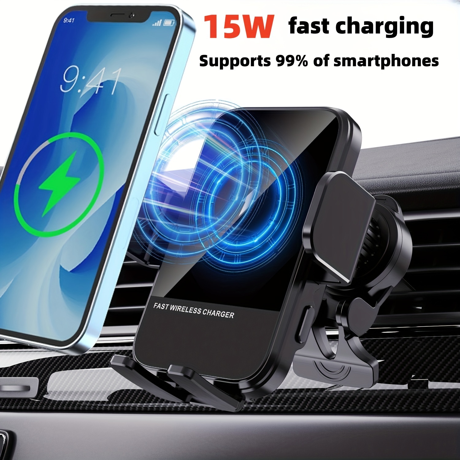 

Fjb 15w Fast Wireless Car Charger With Auto Clamping Mount - Breathable, Usb-c, Compatible For Iphone, , For ,