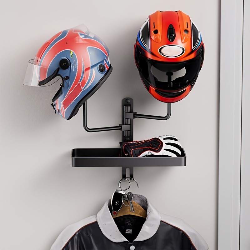Wall-Mounted Motorcycle Helmet Rack with Hooks Shelf Black Plastic  Display Organizer for Helmets, Hats, Baseball Football Gear  Space-Saving