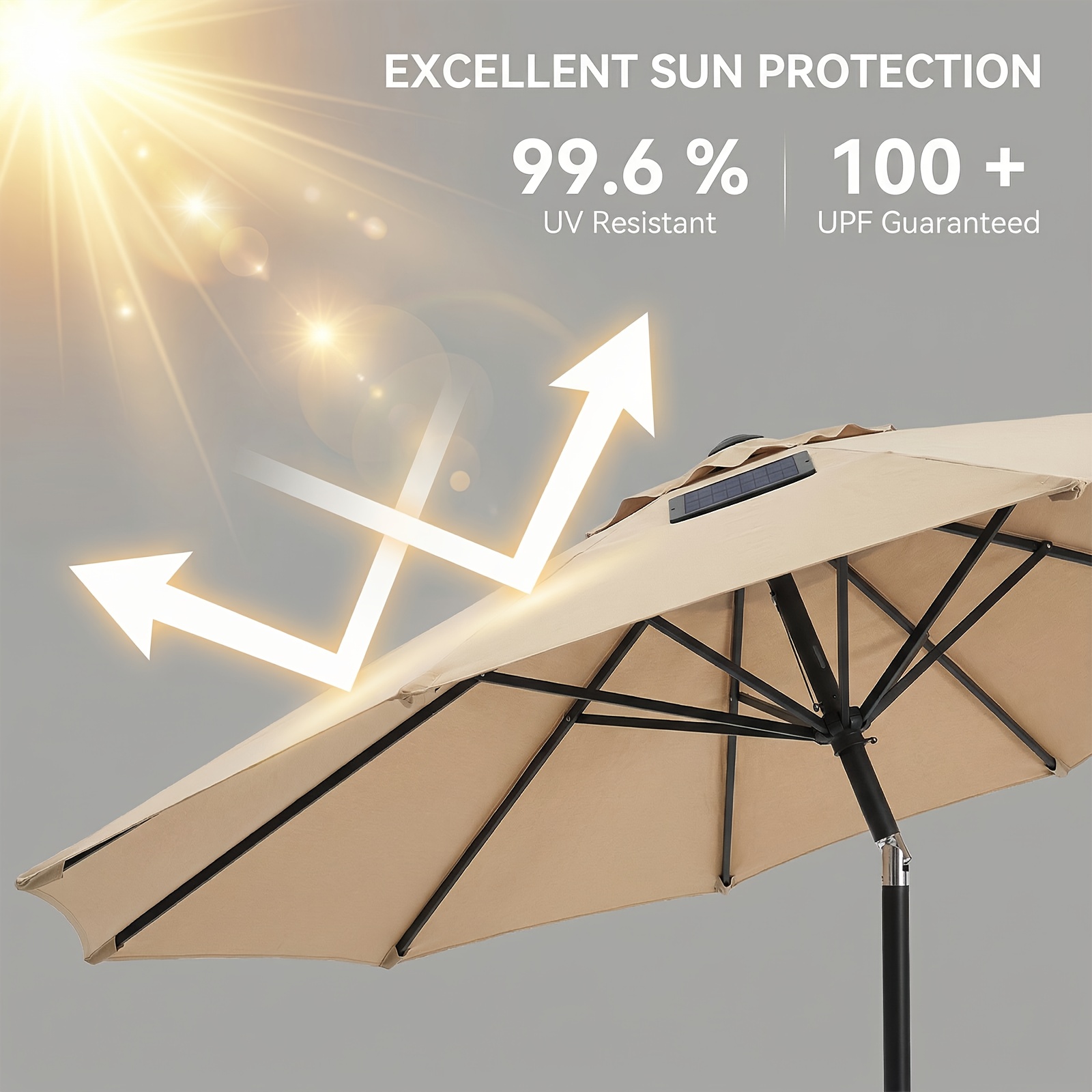 Solar 9ft Market Umbrella with Base, Deluxe 32 LED Lighted Patio Umbrella, Patio Umbrellas Outdoor Table Umbrella with Ventilation, Solar Umbrella with Push Button Tilt/Crank for Garden, Deck, Backyard, And Pool