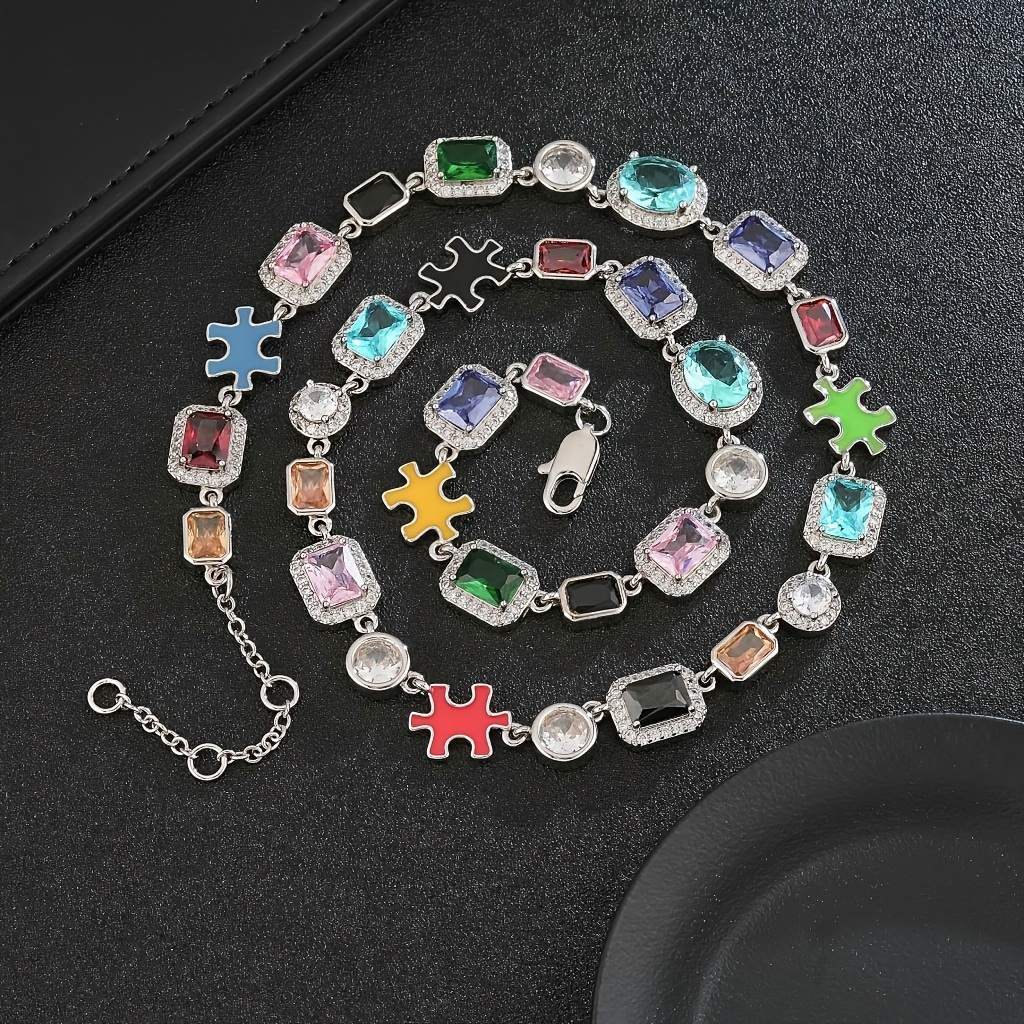 

Colorful Puzzle Necklace With 10mm Synthetic Zirconia Inlays, A Hip-hop Necklace.