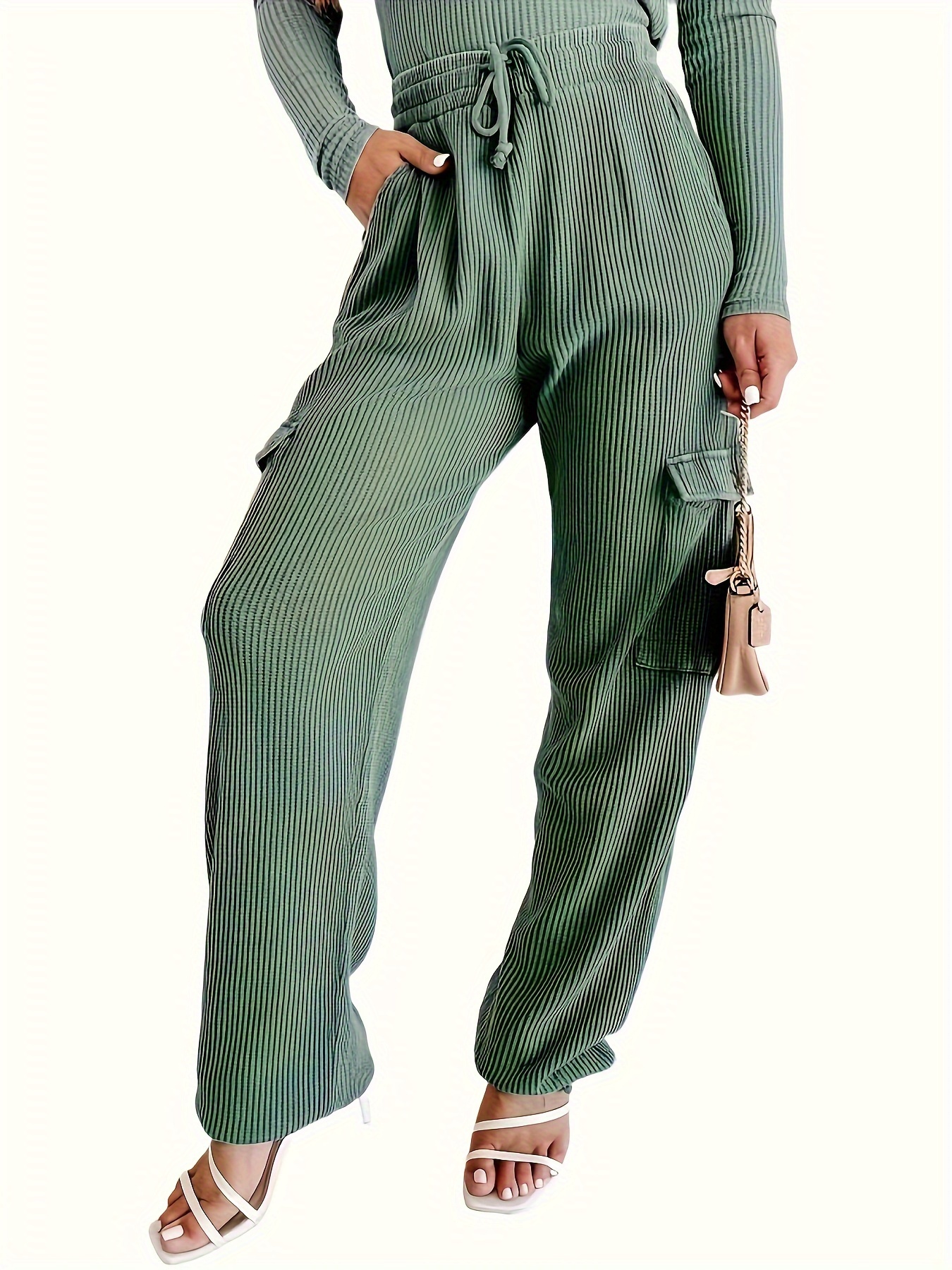 Solid Flap Pockets Wide Leg Cargo Pants, Casual Drawstring Pants For Spring  & Fall, Women's Clothing