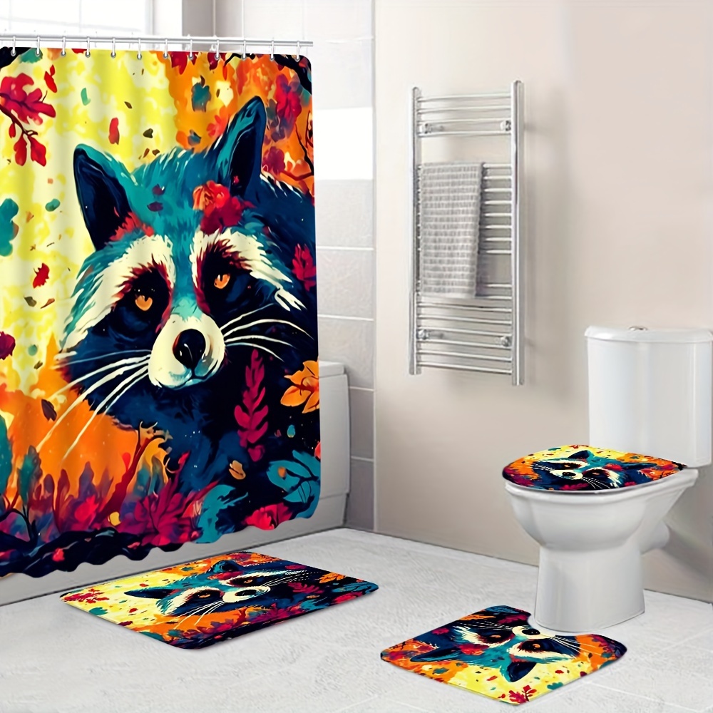 

1/4pcs Maple Leaf Raccoon Pattern Shower Set, Waterproof Shower With 12 Hooks, Non-slip Bath Mat, U-shaped Toilet Mat, Toilet Mat, Bathroom Accessories