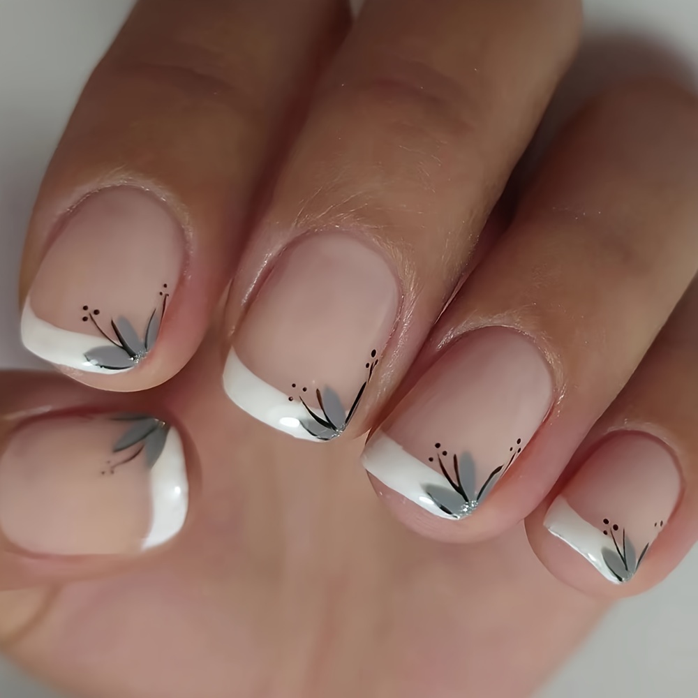 

Day Nail Stickers Ink Simple Light Gray Flower And Grass Short Square Wearable Nails