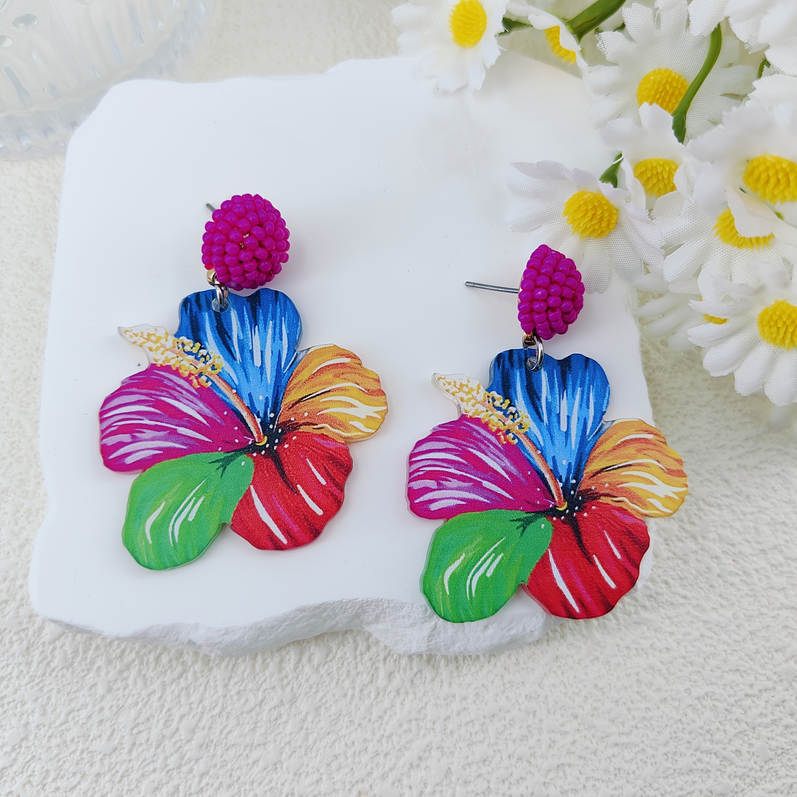 Elegant Multi-Colored Petal Design Resin Flower Earrings