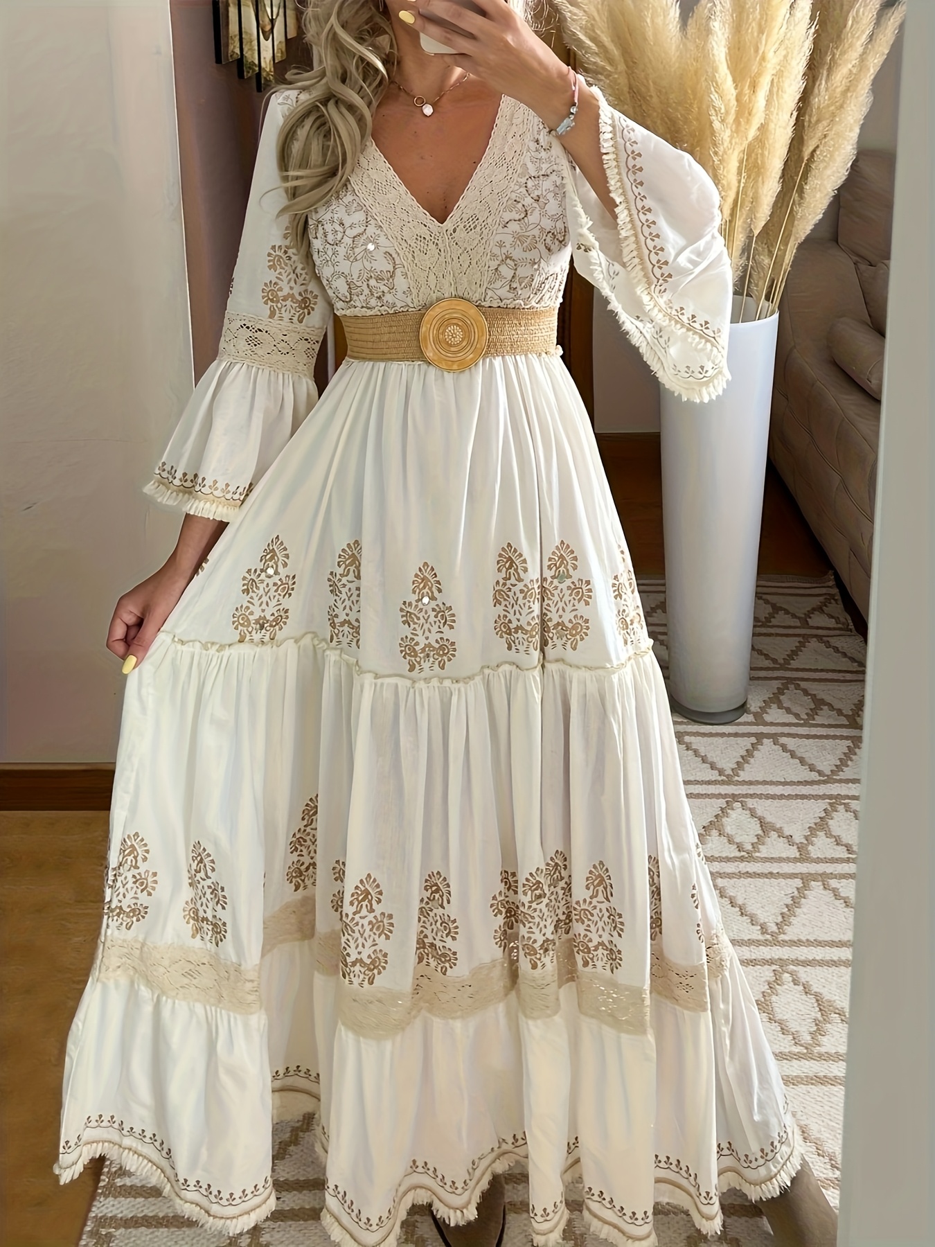 vintage floral lace v neck flare sleeve tiered maxi dress the size runs small   recommended to   size larger Product details 0